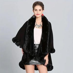 JBVG  Luxury Black Double Layered Faux Fur Collared Cape Coat